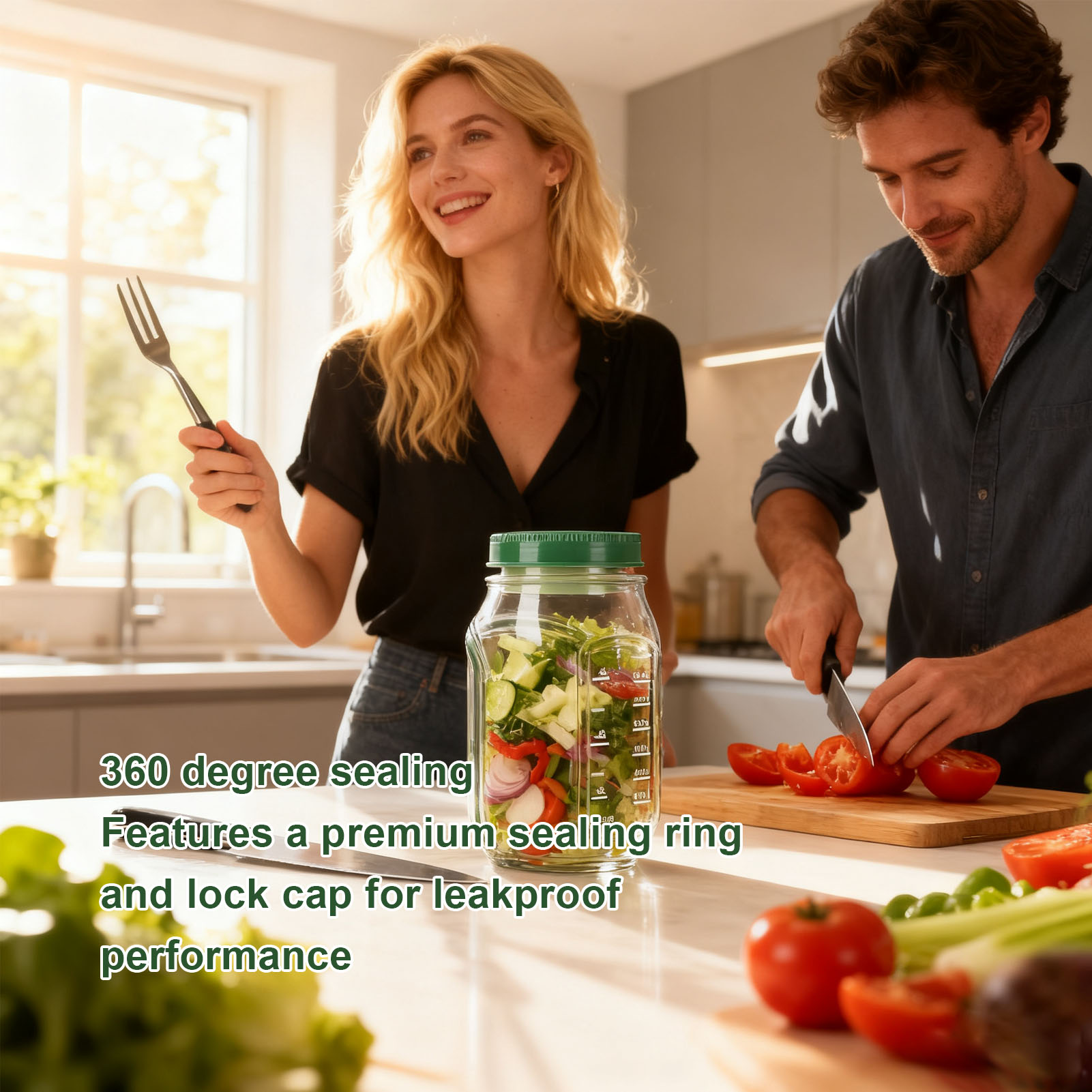 Herb Keeper Container - Salad Jar Side Open Plastic Leakproof